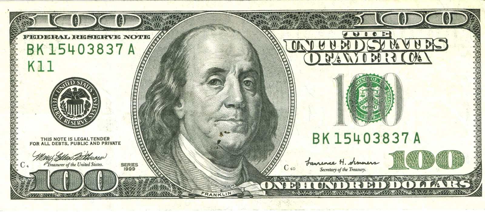 Bancnotă de 100 de dolari americani, cu portretul lui Benjamin Franklin